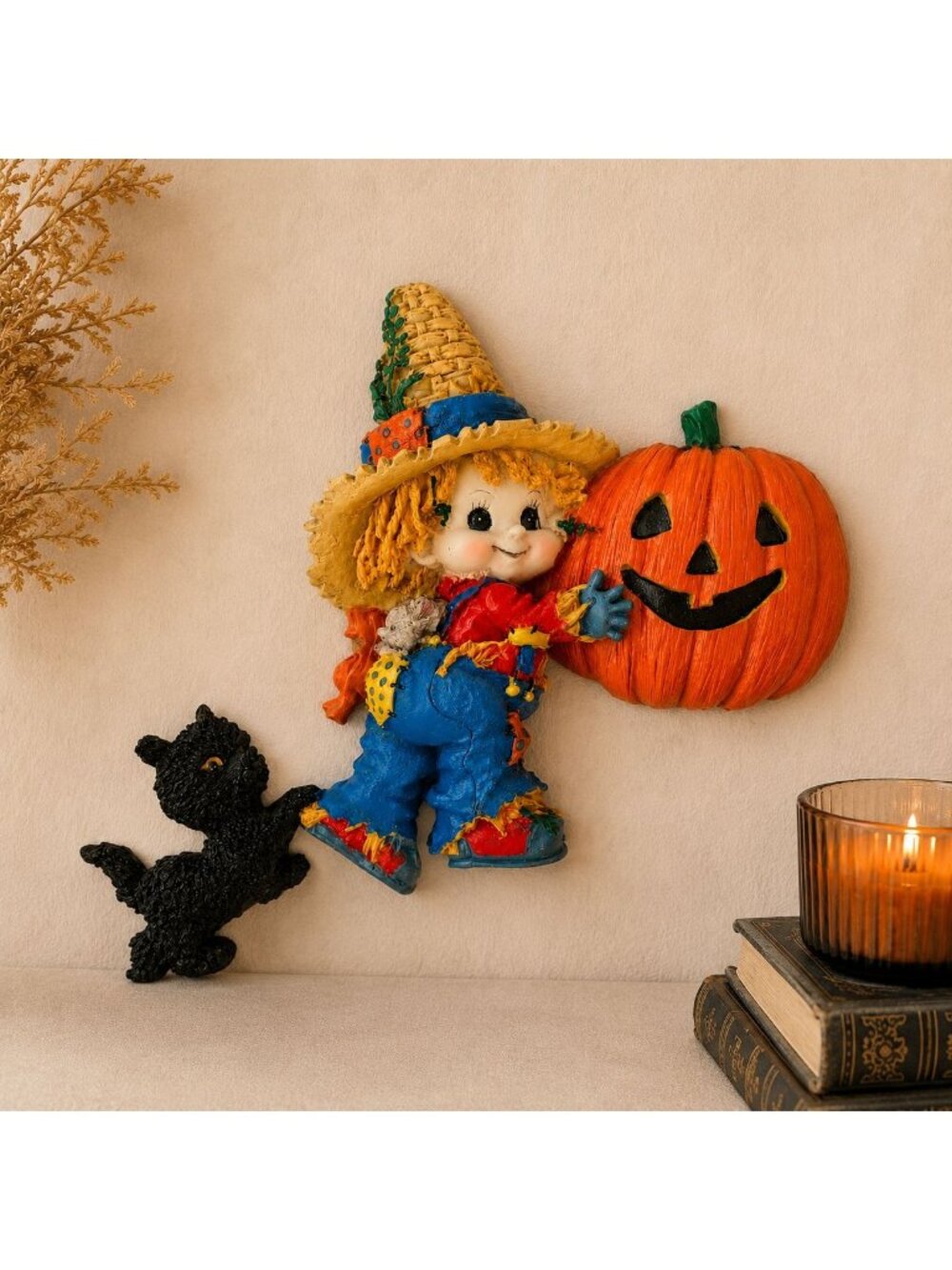 Halloween Scarecrow Wall Hanging Resin Pumpkin Black Cat Kitsch Decor 9"